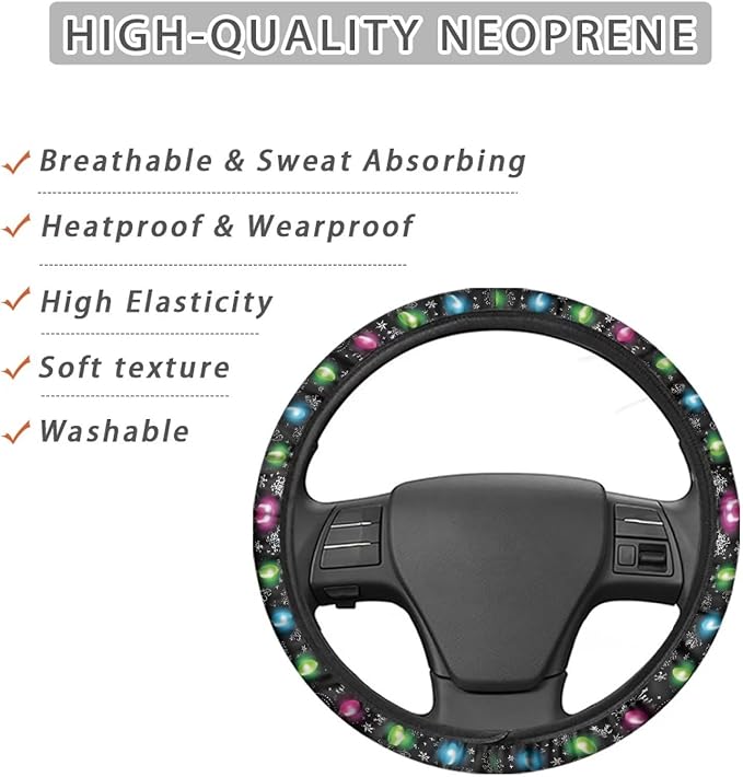 AFPANQZ Christmas Steering Wheel Covers Xmas Lights Print Car Steering Wheel Cover Universal Fit Almost Car Non-Slip Steering Wheel Covers Soft Sweat Absorbing Steering Wheel Protector Cover