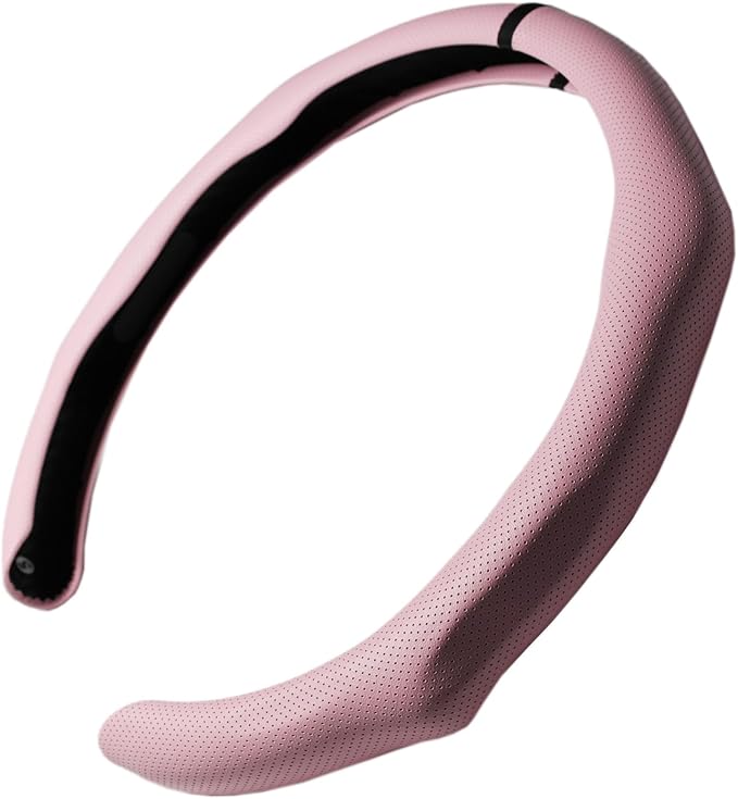 Quick Install Sporty Perforated Pink Nappa Leather Steering Wheel Cover with Black Stripe Universal fit 14½" to 15" Car SUV Pickup 14.5 to 15 inches Napa
