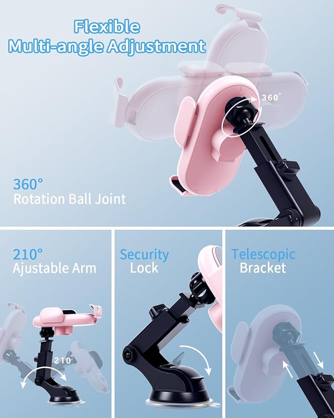 Wireless Car Charger, Auto-Clamping 3-in-1 Phone Mount - 15W/10W/7.5W Fast Charging Car Accessories Compatible with iPhone 16/15/14/13/12/11/Xs/XR, Samsung S23 Ultra/S22/S21/S20/S10+/S9(Pink)