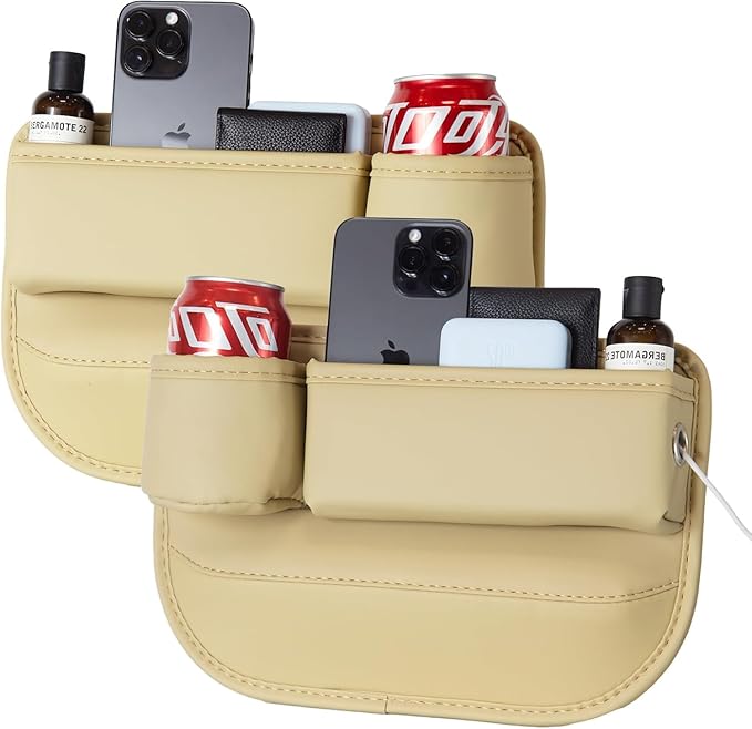 Car Seat Gap Filler Organizer with Cup Holders, Seat Gap Storage Box for Drinks, Phones, Keys, Sunglasses, Cards, and Small Essentials (Beige, Driver's + Passenger Seat)