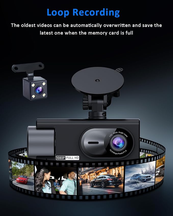 3 Channel 360 Dash Cam Front and Rear and Inside with 32G Card,1080P Dash Camera for Cars,Night Vision,3.0" IPS Screen,170° Wide Angle,Loop Recording,24H Parking Mode