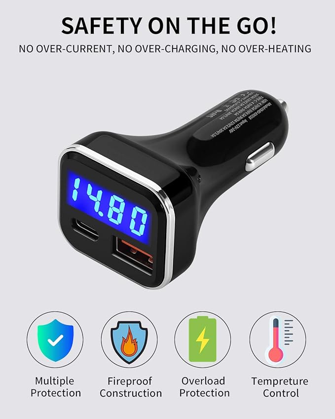 USB C Car Charger Adapter with Voltage Display, 30W Cigarette Lighter Type C Fast Charge Power Delivery & Quick Charge 3.0 (PD & QC), Volt Meter Battery Monitor, Compatible with iPhone Galaxy