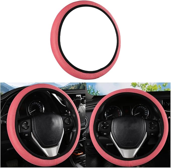 Car Steering Wheel Cover, Ice Silk Elastic Anti Slip Vehicle Protector, Breathable Easy Carry Automotive Interior Protective Wrap Accessories, Universal for SUV, Sedan, Truck (Pink)