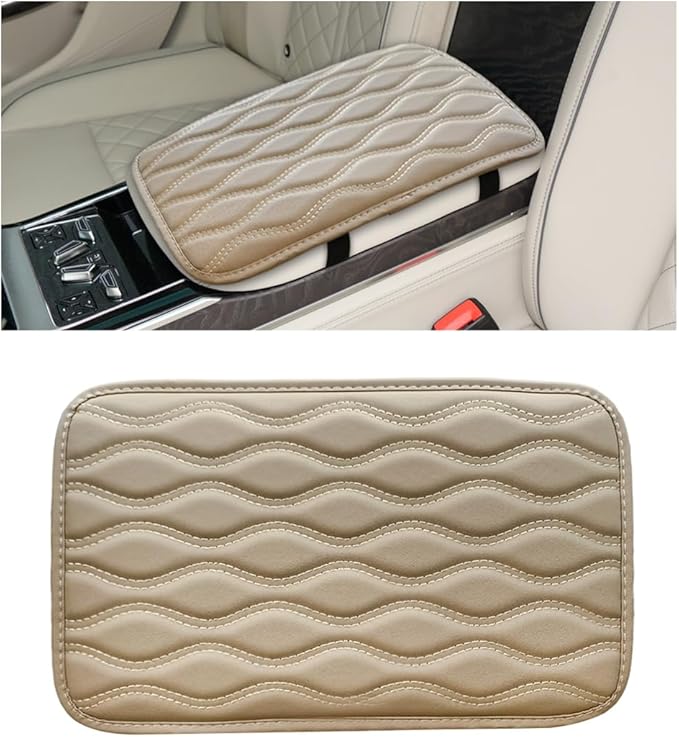 Car Center Console Cushion Pad, 12.48×7.40 Inches Waterproof Car Armrest Seat Box Cover, Comfortable PU Leather Vehicle Armrest Cover Protector, Car Decor Interior Accessories (Beige)