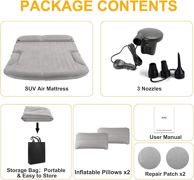 KMZ SUV Air Mattress Thickened and Double-Sided Flocking Travel Camping Bed with 2 Pillows & Pump Dedicated Mobile Cushion Inflatable Bed for SUV Trunk and Rear Seat (Light Gray)