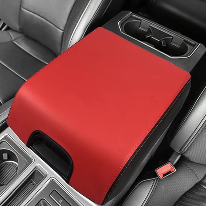 XITER 1PC Leather Center Console Armrest Box Cover Waterproof Cushion Pad for F150 2015-2020 F250 F350 F450 Super Duty 2017-2022 Expedition 2018-2023(Red+Black)
