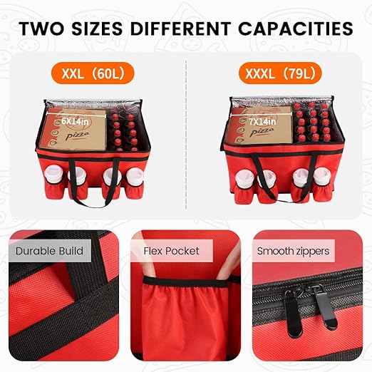 CIVJET Insulated Food Delivery Bag with 4 Cup Holders and Bottom Support, XXX-Large Insulated Grocery Bags Keep Food Hot/Cold, Cooler Bags with Drink Carrier, Food Carrier Catering Bag for Events, Red