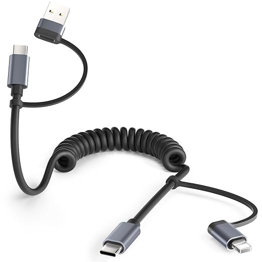 Basesailor 4 in 1 USB C to USBC Coiled Car Charger Cord for iPhone 17 Air 4.6FT,60W Multi Type C Fast Charging Coil Cable with USB and Lightning Adapter for Android Auto,Apple 16 15 Pro Max,S23 S22