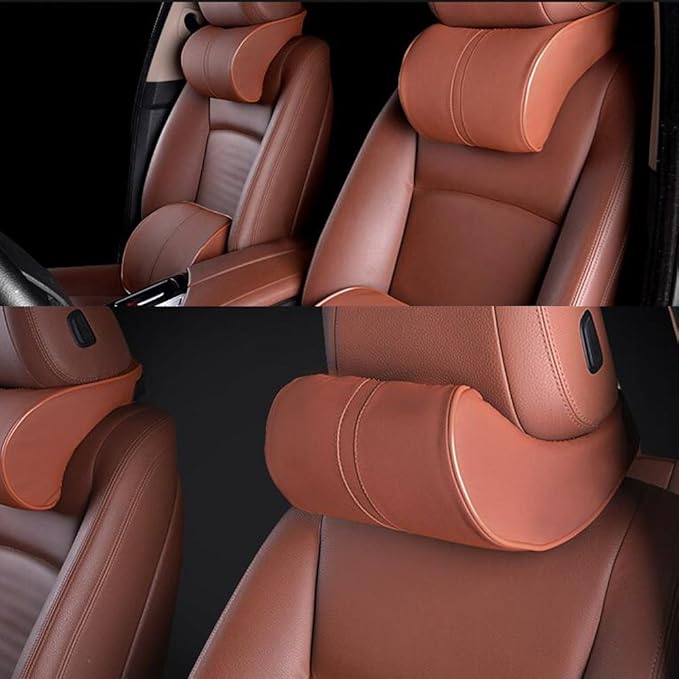 Car Seat Lumbar Support Pillow Neck Pillow Headrest Head Support Back Cushion Pad Soft Memory Foam Artificial Leather for Car Home Office Chairs Lower Back Pain Relief Corrects Posture Brown