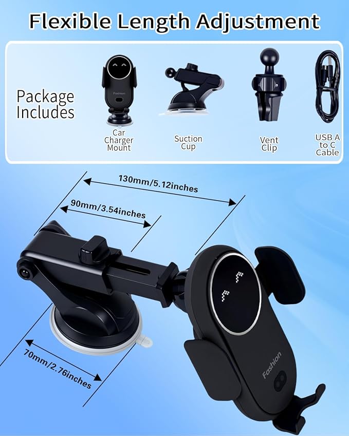 Wireless Car Charger Mount with Air Vent Clip & Suction Base, 15W Fast Auto-Clamping Charging Phone Holder for iPhone 17/16/15/14, Samsung S24/S23, etc.(Black)