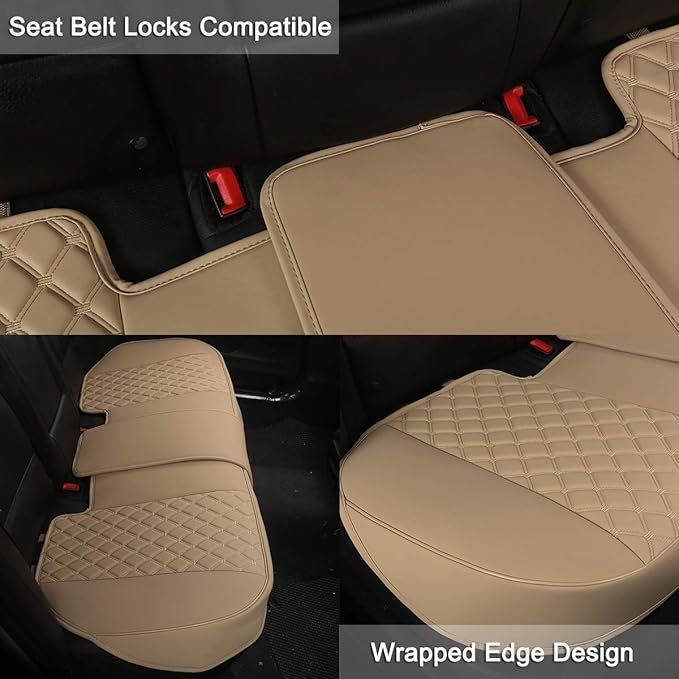 Black Panther Luxury PU Leather Rear Car Seat Cover, Compatible with Most Vehicles with 5 Seats, Adjustable Length 49-55'', Diamond Pattern Embroidery (Beige)