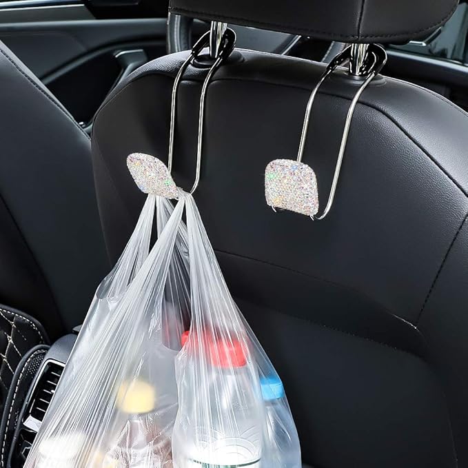 SAVORI Car Headrest Hooks Bling Car Accessories Rhinestones Universal Auto Back Seat Headrest Metal Hanger Organizer Vehicle Holder for Bag Purse Clothes Grocery 2PCS (AB)