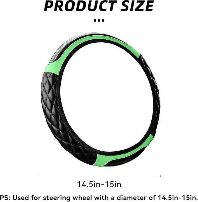 Car Steering Wheel Cover, 14.5-15inch Leather Anti-Slip Car Wheel Cover Protector, Safety Comfortable Desgin, Universal Auto Steering Wheels Accessories for Cars Truck SUV (Green)