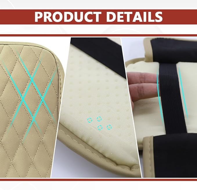 Car Center Console Cover, 12"×7.87" Waterproof Leather Auto Armrest Cover Protector with 2 Pocket, Comfortable Arm Rest Box Cushion Pad, Universal Interior Car Accessories (Beige)