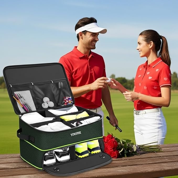 YOREPEK 2 Layer Golf Trunk Organizer, Golf Gifts for Men with Separate Ventilated Compartment for 2 Pair Shoes, Waterproof Car Trunk Locker for Balls, Tees, Clothes, Gloves, Gifts for Golfers