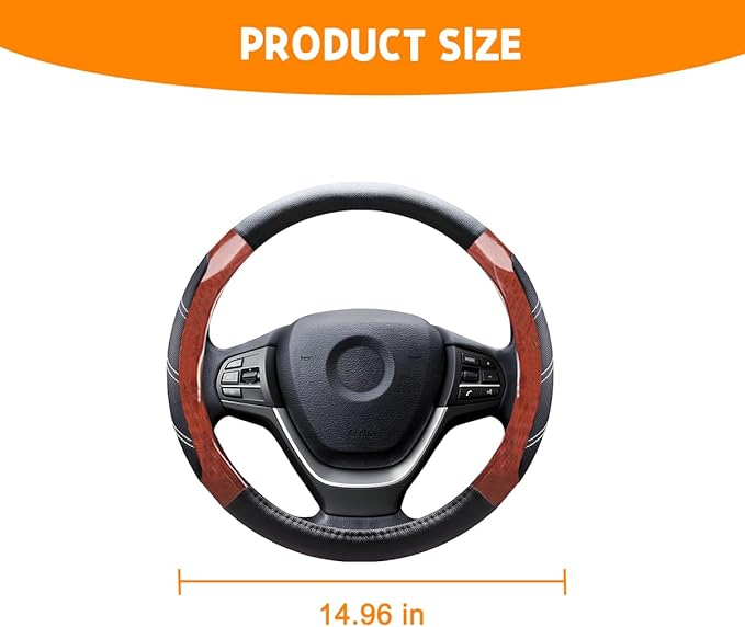 Mandark Car Steering Wheel Cover, Elastic Sport Leather Vehicle Steering Wheel Protector, Non-Slip Soft Grip Padded Auto Interior Protective Accessories, 14.5-15 Inch Universal Fit（Wooden Coffee）