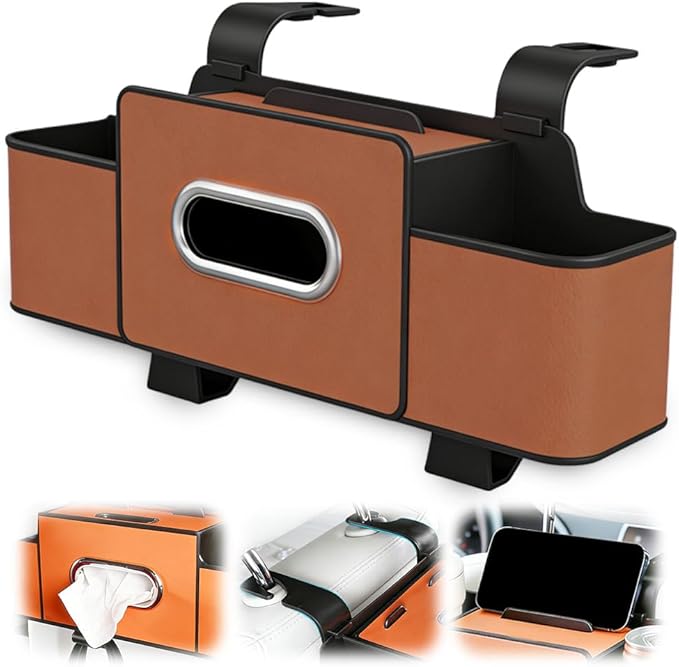 Multifunctional Car Seat Back Storage Box, 3-in-1 Backseat Car Organizer with Dual Cup Holders, Hold Phones, Snacks, Drinks, and Handbags (Brown)