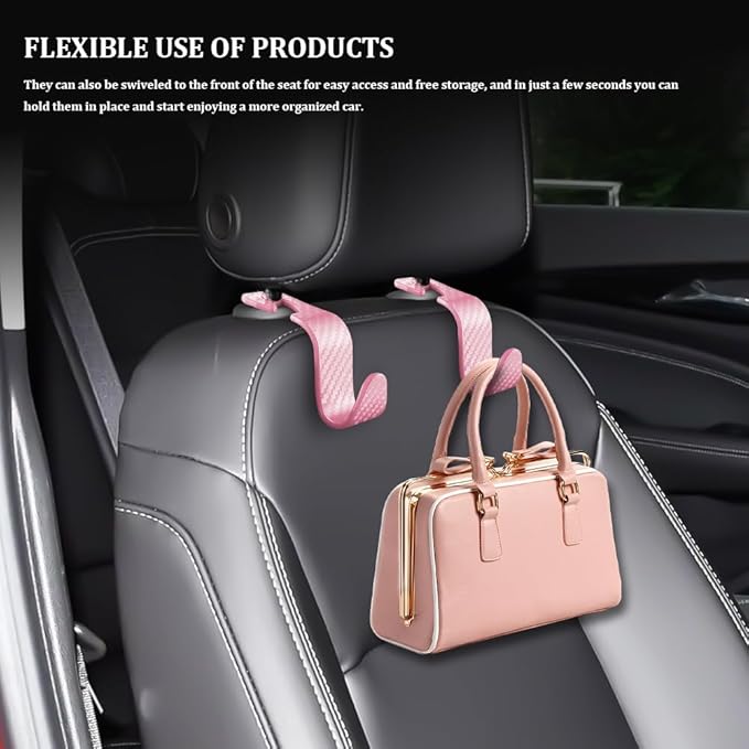 4PCS Car Seat Headrest Hook, Plastic Auto Back Seat Hanger Hooks, Multi-functional Stylish Seat Hooks, Universal Car Interior Headrest Hanger Storage Accessories for Purse Coats Handbag (Pink)