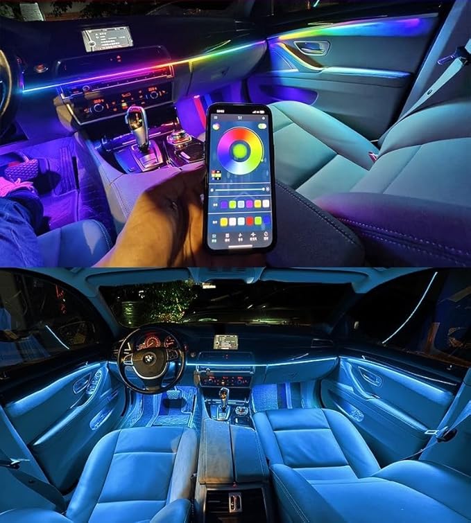 Car Interior LED Light Kit with App Control, RGB Multicolor Ambient Lighting Strip, Smart Music Sync Neon Accent Lights for Vehicle Interior