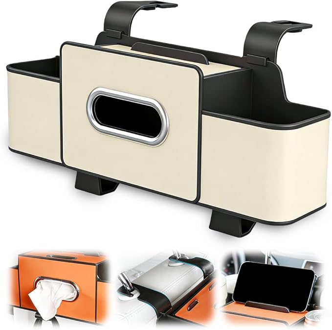 Multifunctional Car Seat Back Storage Box, 3-in-1 Backseat Car Organizer with Dual Cup Holders, Hold Phones, Snacks, Drinks, and Handbags (Beige)