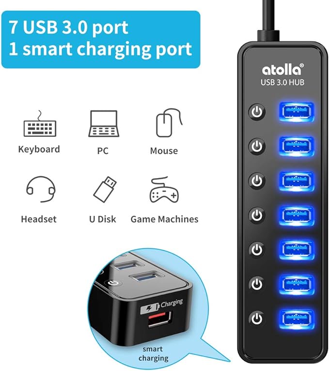 Powered USB Hub 3.0, Atolla 7-Port USB Data Hub Splitter with One Smart Charging Port and Individual On/Off Switches and 5V/4A Power Adapter USB Extension for MacBook, Mac Pro/Mini and More.