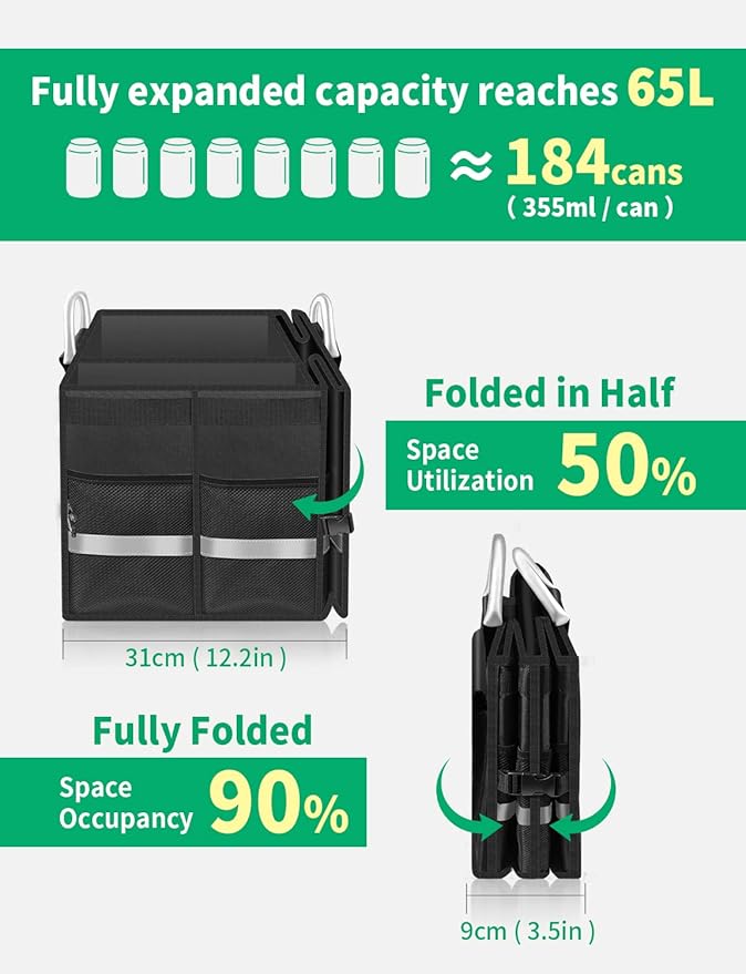 Oasser Trunk Organizer Cargo Organizer Trunk Storage Waterproof Collapsible Durable Multi Compartments with Foldable Hard Cover Aluminium Alloy Handle Reflective Strip (Large, Black)