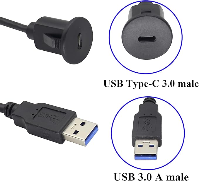 zdyCGTime USB C to USB 3.0 A Threaded Flush Mount Waterproof Cable Adapter USB 3.0 Male to USB C Female Panel Mount Extension Cable, for Car Boat Truck Yacht Motorcycle, (1.5M/5Ft)