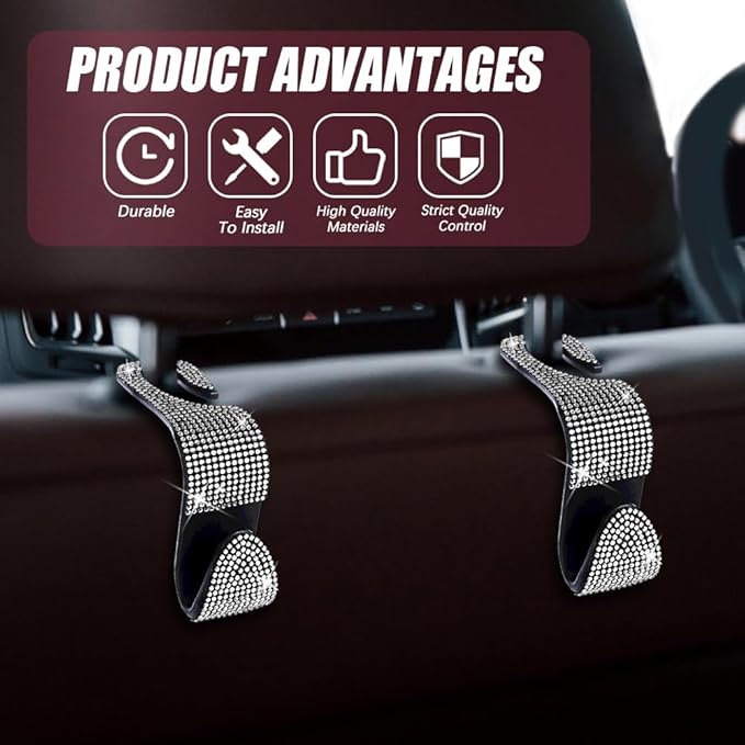2 Pack Car Seat Headrest Hook, Bling Car Hooks Front Seat, Back Seat Organizer Hanger Storage Hook Car Purse Hook for Bags, Clothes, Coats, Grocery Bags (White)