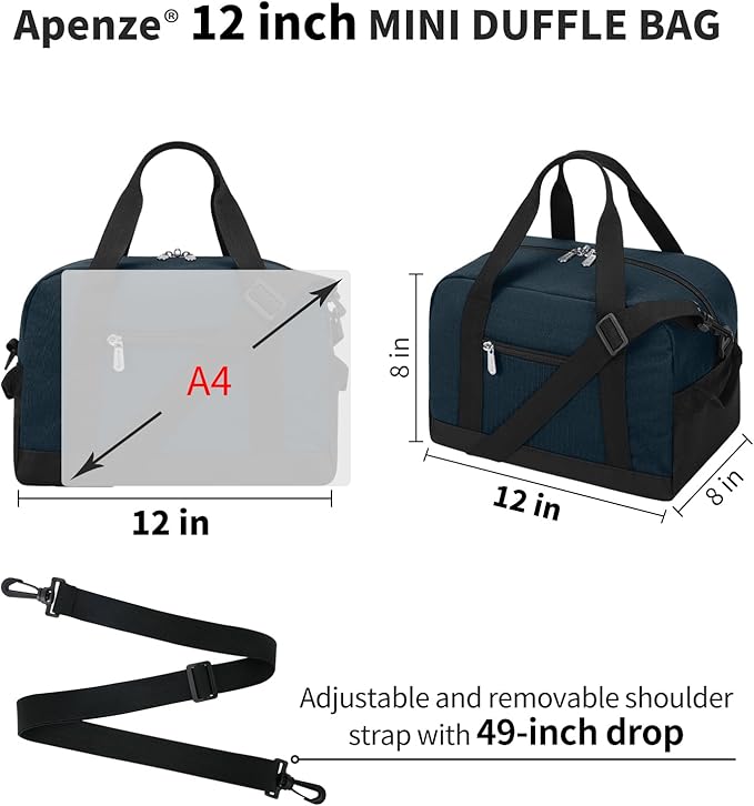 Small Gym Bag Carry On Bag - 12 in Mini Duffle Bag Lightweight for Overnight Travel（Navy Blue）