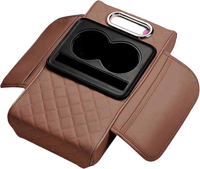 Car Center Console Cover for Hyundai Tucson 2021-2024, Leather Armrest Cushion Protector Pad with Tissue Box Holder Storage Pockets Cup Holder Phone Slot, F/Coffee
