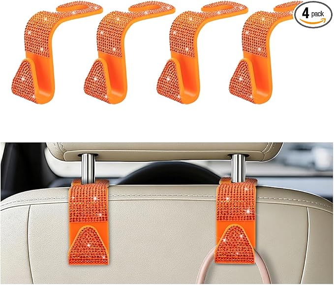4PCS Bling Car Seat Headrest Hooks, Crystal Rhinestone Vehicle Back Seat Hanger Holder, Auto Interior Headrest Hanging Storage Organizer for Purse Handbag Coat, Universal Fit (Orange)