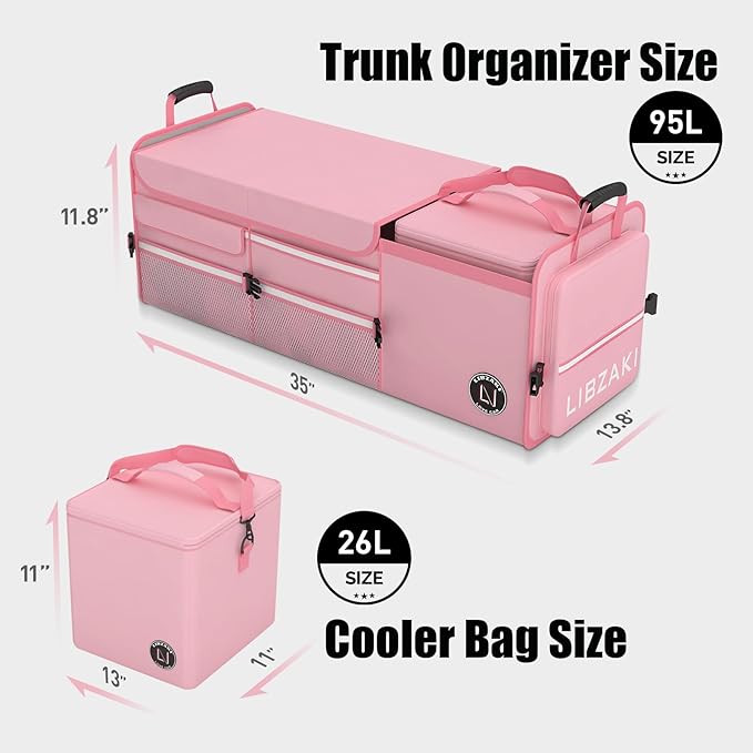 LIBZAKI Oversize 4 in 1 Car Trunk Storage Organizer, Multi Compartment Collapsible Trunk Storage Box with Cooler Bag for Car Truck SUV-Pink