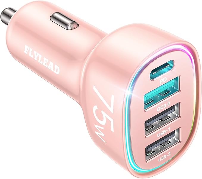 75W Car Charger USB C, 4 Port Super Fast Cigarette Lighter USB Charger, Type C 60W & QC 3.0 Multiport Car Phone Adapter Accessories for iPhone 17/16/15/14/13/12 Pro Samsung S26 Series, Pink