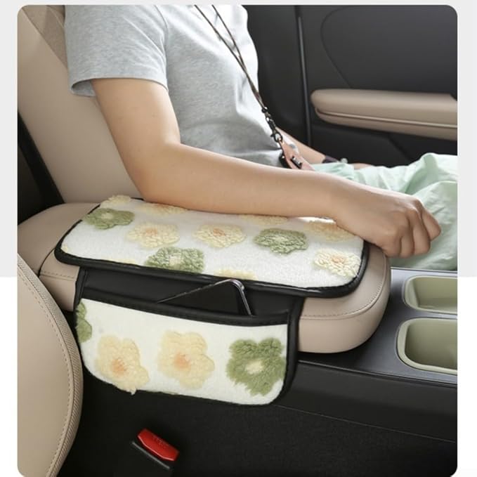 Plush Fleece Car Armrest Cover, Armrest Protection Cover with Side Storage Pockets, Armrest Seat Box Cover, Car Center Console Cushion Pad(green-Double mouth)