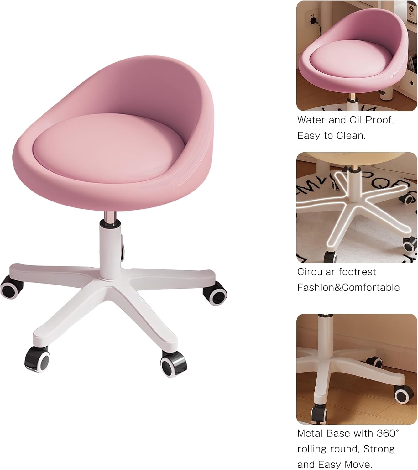 Rolling Stool Set of 2 Rolling Hydraulic Salon Stool with Low Backrest - Adjustable Swivel Chair for SPA, Shop, Salon, Massage, or Medical Office Pink