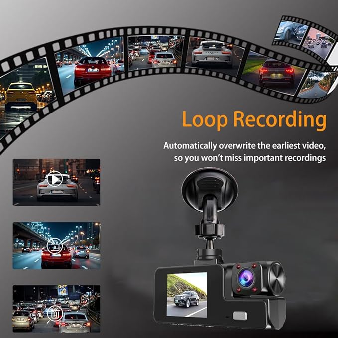 1080P 3Channel Dash Camera for Car Front and Rear Inside Dashcam Car Video Recorder,170°Wide Angle Vehicle Cam,WDR,G-Sensor,2’’ IPS Screen,Loop Recording,Night Vision (3Channel Dash Cam Without Card)