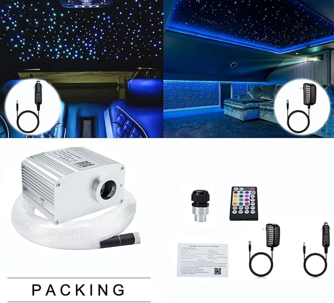 AZIMOM 10W Twinkle Bluetooth RGBW LED Fiber Optic Star Ceiling Light Kit 300pcs 0.75mm 9.8ft Sensory Music Mode APP Remote Control for Indoor Car Interior Decoration