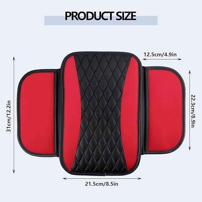 Leather Car Center Console Cover,Upgraded Center Console Cushion Pad with Side Pockets,Patchwork Arm Rest Cover for Car,Waterproof Armrest Seat Box Covers,Universal for Most Vehicles (Red)