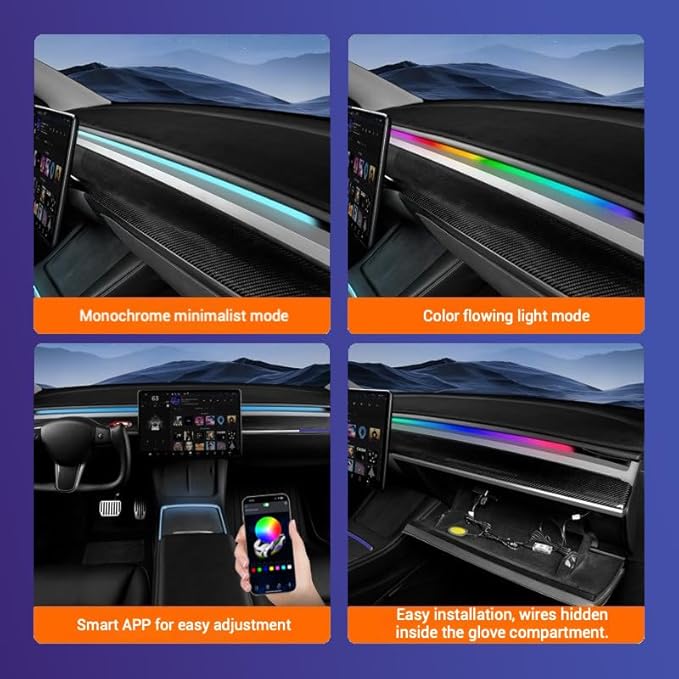 LED Car Ambient Lighting Strip for Tesla High Brightness with APP Control Multiple Colors and Car LED Strip Lighting Neon Lights for Model 3/Y (Dashboard)
