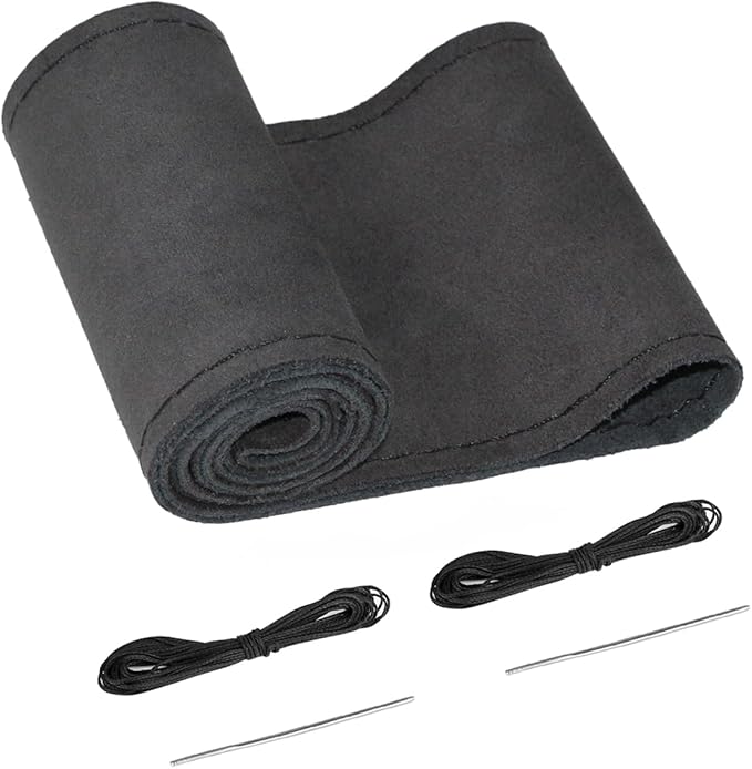 BELINOUS Suede Leather Steering Wheel Cover, DIY Stitch-On Steering Wheel Wrap with Needle & Thread, Non-Slip & Sweat-Absorbing, Universal Fit for 13.75-16 Inch (Size L6, Black)