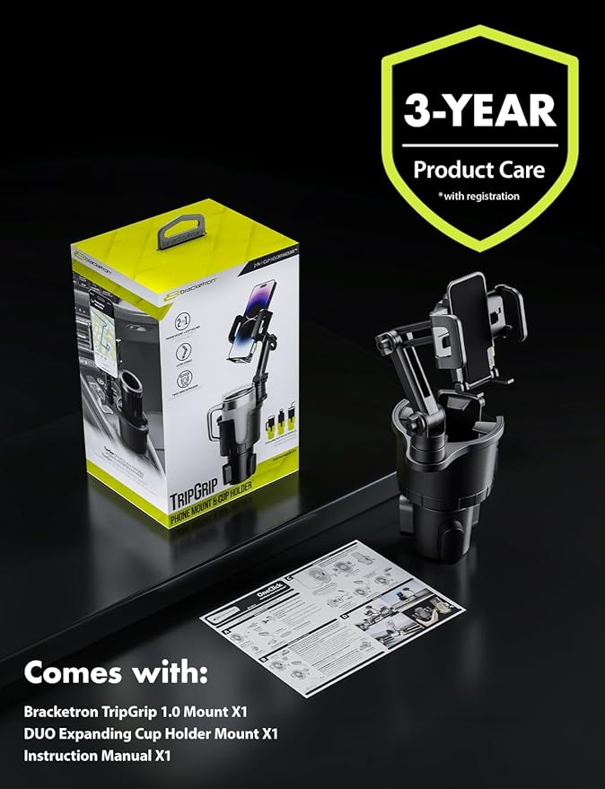 Bracketron Cup Holder Phone Mount for Car - TripGrip 2-in-1 Expandable Phone Holder with 360° Rotation & Ultra Stable Folding Support Legs, Fits Devices up to 3.5"