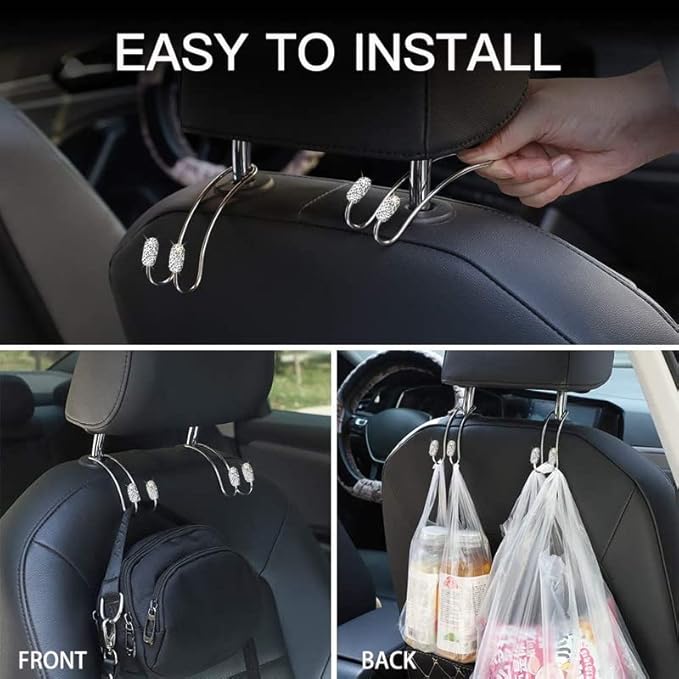 Guoord 2024 Upgraded Car Headrest Hook Decorations - 2pcs Bling Purse Hook Hangers, Stainless Steel Car Hangers and Durable Backseat Holder, Universal SUV Truck Vehicle (White)