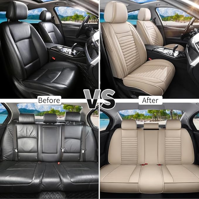 Car Seat Covers Full Set Fit for Toyota Matrix 2003-2014, Premium Faux Leather Car Seat Protector,Breathable Anti-Slip Full Wrapping Edge Seat Covers(Beige,Full Set)