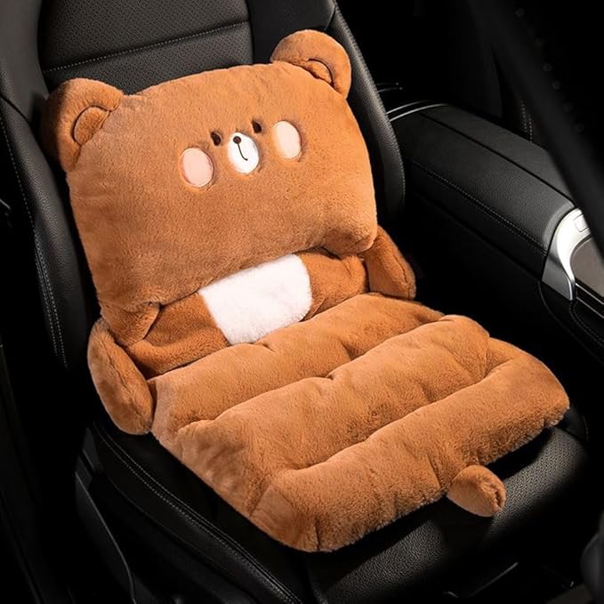 Cute Car Seat Cushion, Cartoon Plush Car Pillow for Driving Seat, Lumbar Support Pillow for Car with Anti-Slip Design, All-Season Car Headrest and Back Pillow for Cars, Chair, Wheelchair (Bear)