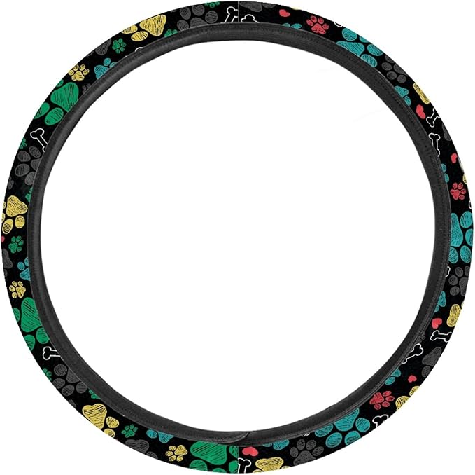 AFPANQZ Puppy Paws Print Steering Wheel Protection Stretch-on Fabric Machine Washable Women Men Neoprene Automotive Steering Wheel Covers Sweat Absorption Comfort Grip for Driver Black Colorful