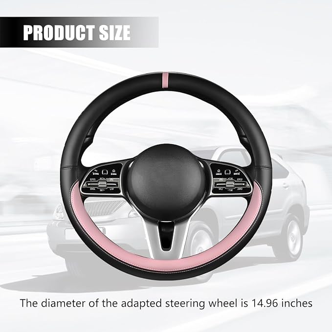 Car Steering Wheel Cover, 15 Inch Leather Anti-Slip Breathable Vehicle Steering Wheel Protector, Automotive Interior Protection Accessories, Universal for SUV Sedan Truck (Black/Pink)