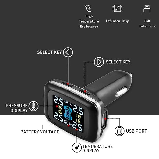 Car TPMS Kit, Universal Car Intelligent TPMS Cigarette Lighter Tire Pressure Monitoring System with 4 Internal Sensors