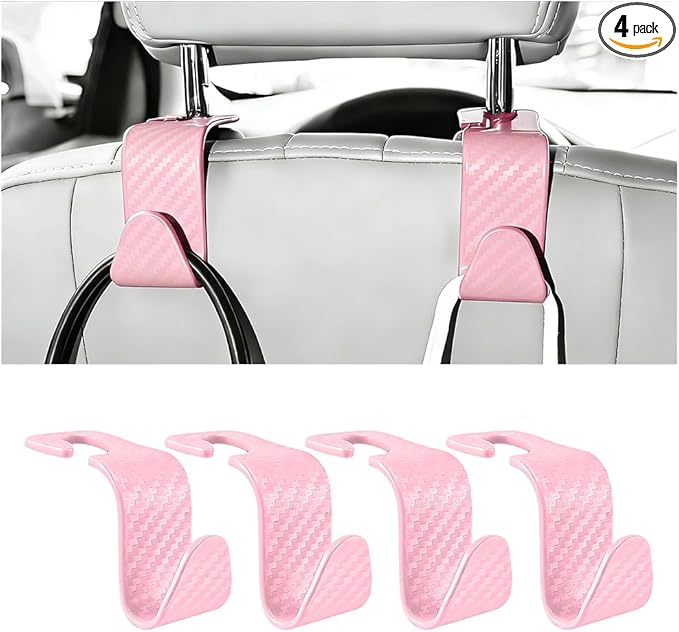 4PCS Car Seat Headrest Hook, Automotive Back Seat Storage Holder Hanger, Vehicle Interior Backseat Organizer Hanging Hook for Purse Handbag Grocery Bags, Universal Fit (Pink)