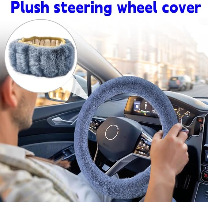 Fluffy Steering Wheel Cover, Winter Warm, Suitable for Most Car Steering Wheels in The 14-15 Inch Range (Grey, 1PCS)