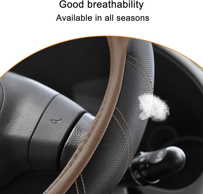 Mandark Car Steering Wheel Cover, Elastic Sport Leather Vehicle Steering Wheel Protector, Non-Slip Soft Grip Padded Auto Interior Protective Accessories, 14.5-15 Inch Universal Fit（Coffee）